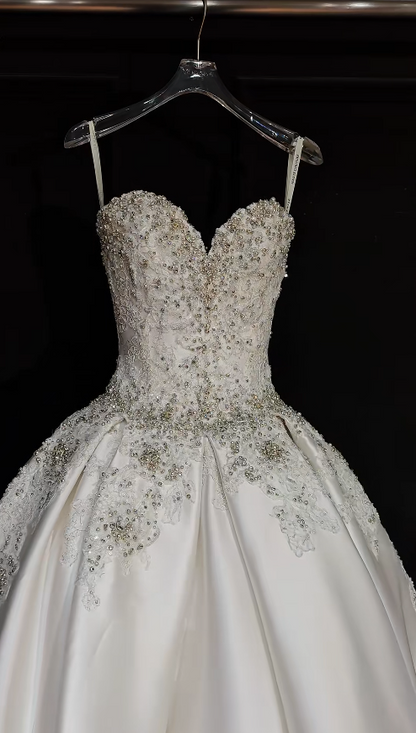 Timeless A-Line Long Wedding Dresses Satin Beaded White Bridal Gowns Sweetheart Sleeveless Bridal Dresses