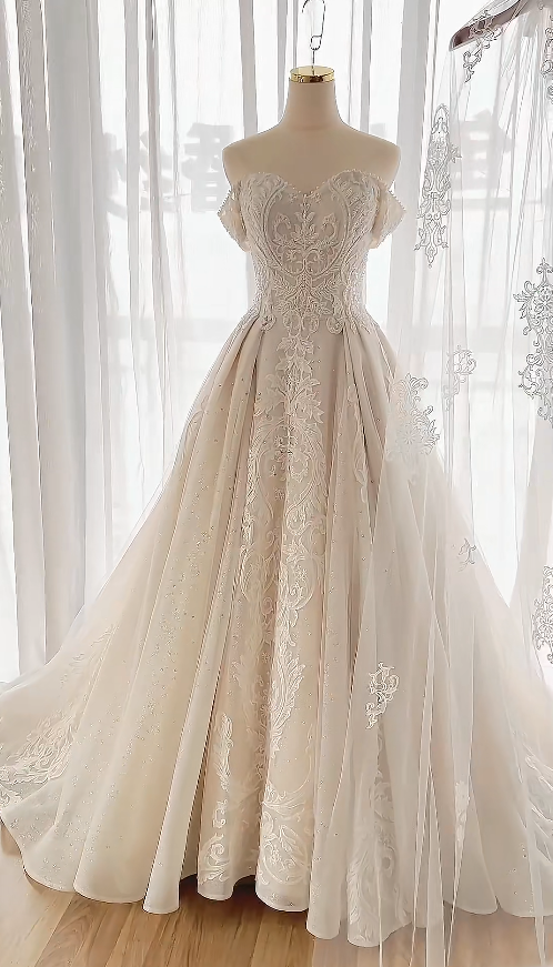 Timeless A-Line Long Wedding Dresses Tulle Beaded White Bridal Gowns Off-shoulder Bridal Dresses