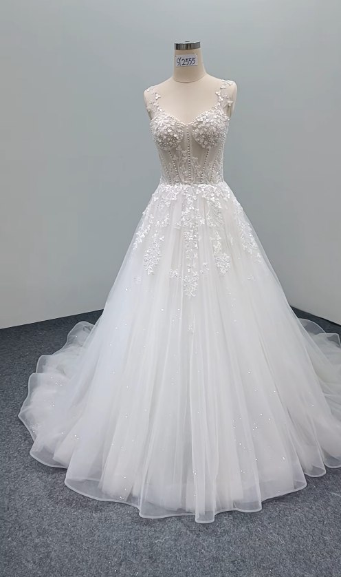 Timeless A-Line Long Wedding Dresses Tulle Spaghetti Straps White Bridal Gowns Sleeveless Bridal Dresses