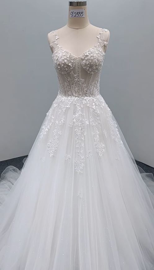 Timeless A-Line Long Wedding Dresses Tulle Spaghetti Straps White Bridal Gowns Sleeveless Bridal Dresses
