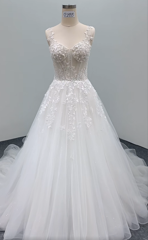 Timeless A-Line Long Wedding Dresses Tulle Spaghetti Straps White Bridal Gowns Sleeveless Bridal Dresses