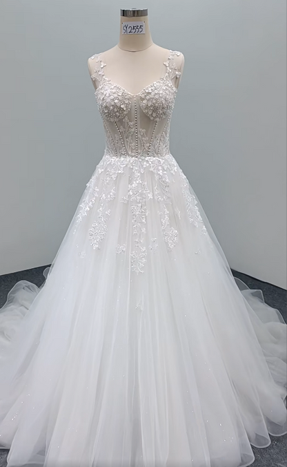 Timeless A-Line Long Wedding Dresses Tulle Spaghetti Straps White Bridal Gowns Sleeveless Bridal Dresses