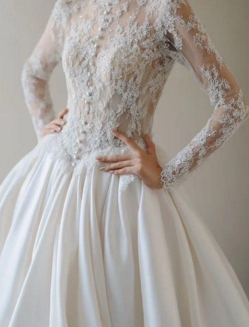 Timeless Ball Gown Long Wedding Dresses, Satin Lace Appliques White Bridal Gowns,Long-Sleeved Bridal Dresses