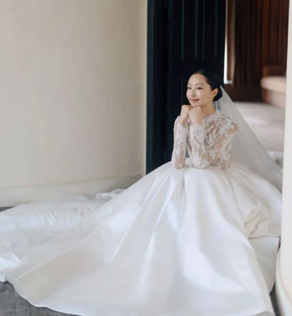 Timeless Ball Gown Long Wedding Dresses, Satin Lace Appliques White Bridal Gowns,Long-Sleeved Bridal Dresses