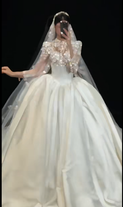 Timeless Ball Gown Long Wedding Dresses, Satin White Bridal Gowns, Rhinestone Long-Sleeved Bridal Dresses
