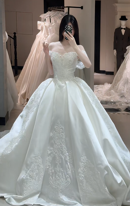 Timeless Ball Gown Off-shoulder Long Wedding Dresses, Satin Appliques White Bridal Gowns, Short Sleeves Bridal Dresses