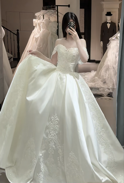 Timeless Ball Gown Off-shoulder Long Wedding Dresses, Satin Appliques White Bridal Gowns, Short Sleeves Bridal Dresses