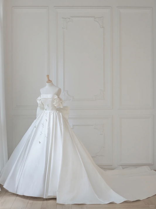 Timeless Ball Gown Off The Shoulder Satin Applique Long Wedding Dresses