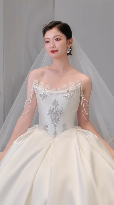 Timeless Ball Gown Off The Shoulder Satin Beads With Veil Long Wedding Dresses