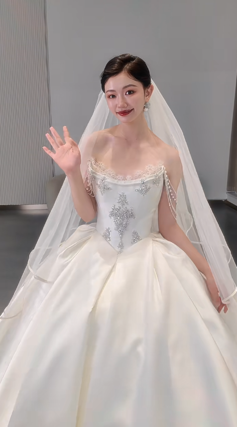 Timeless Ball Gown Off The Shoulder Satin Beads With Veil Long Wedding Dresses