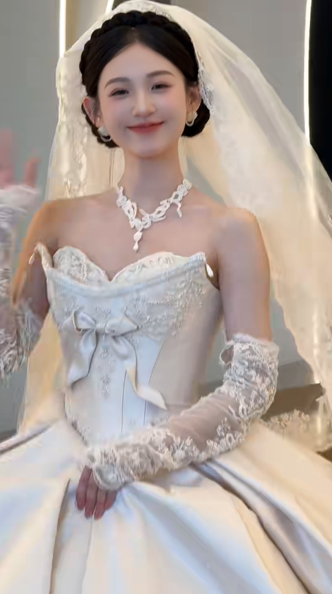 Timeless Ball Gown Strapless Satin Applique With Veil Sleeves Long Wedding Dresses