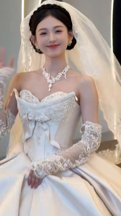 Timeless Ball Gown Strapless Satin Applique With Veil Sleeves Long Wedding Dresses