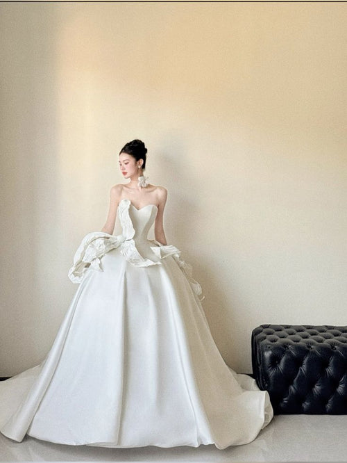 Timeless Ball Gown Strapless Satin With Gloves Long Wedding Dresses