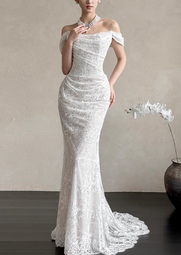 Timeless Mermaid Long Wedding Dresses Off-shoulder White Bridal Gowns Lace Cups Sleeves Bridal Dresses