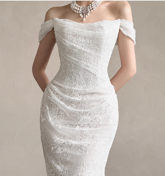 Timeless Mermaid Long Wedding Dresses Off-shoulder White Bridal Gowns Lace Cups Sleeves Bridal Dresses