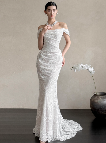 Timeless Mermaid Long Wedding Dresses Off-shoulder White Bridal Gowns Lace Cups Sleeves Bridal Dresses