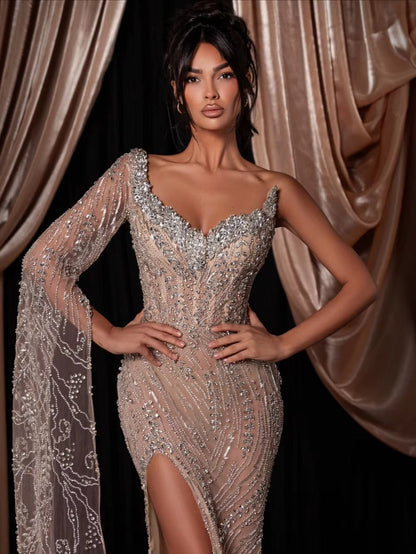 Timeless Nude V-Neck Prom Dress One Shoulder Sleeve Beaded with