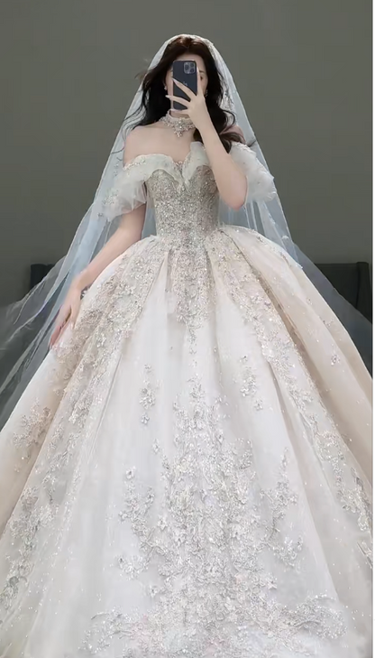 Timeless Off-the-shoulder Ball Gown Glitter Tulle Long Wedding Dresses, White Bridal Gowns, Appliqu¨¦ Bridal Dresses