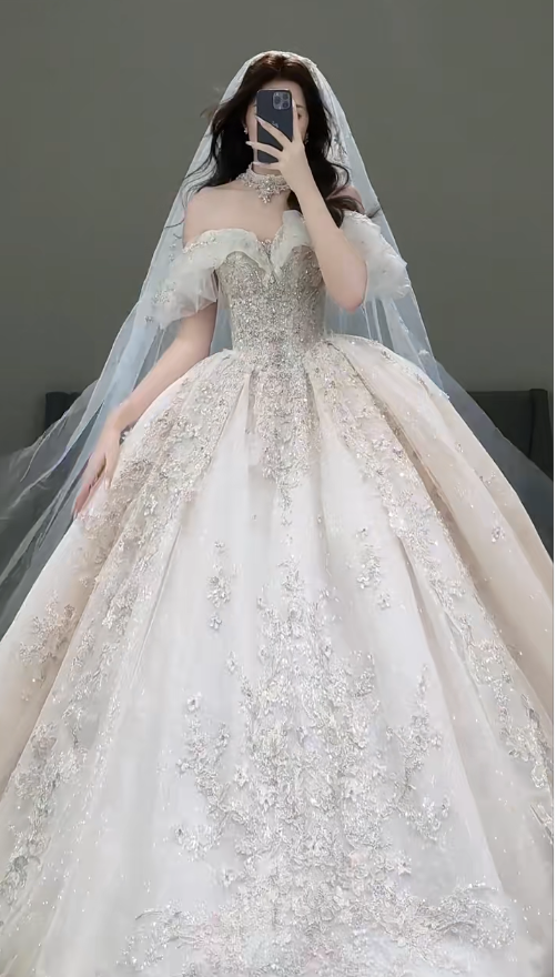 Timeless Off-the-shoulder Ball Gown Glitter Tulle Long Wedding Dresses, White Bridal Gowns, Appliqu¨¦ Bridal Dresses