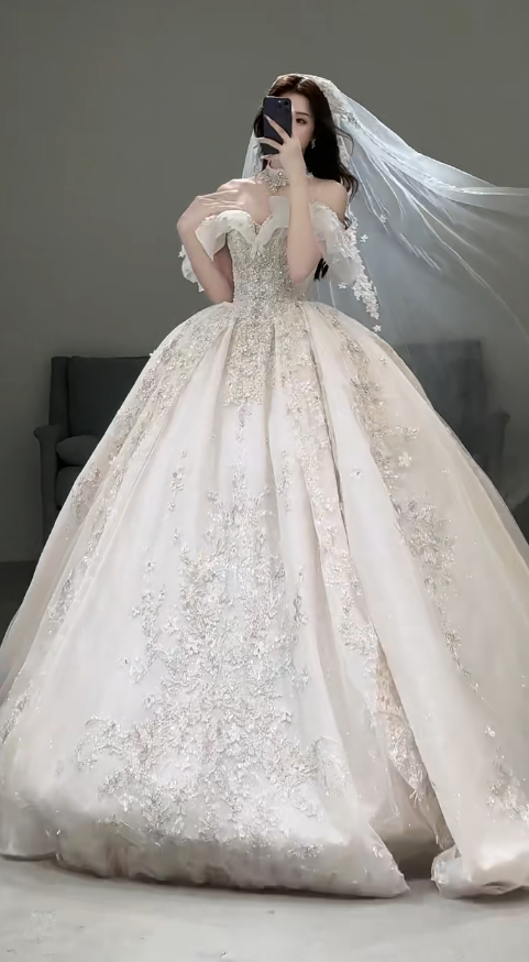 Timeless Off-the-shoulder Ball Gown Glitter Tulle Long Wedding Dresses, White Bridal Gowns, Appliqu¨¦ Bridal Dresses