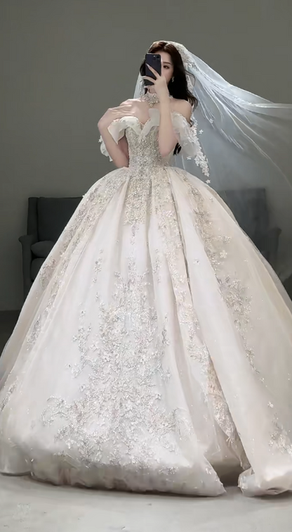 Timeless Off-the-shoulder Ball Gown Glitter Tulle Long Wedding Dresses, White Bridal Gowns, Appliqu¨¦ Bridal Dresses