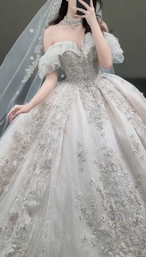 Timeless Off-the-shoulder Ball Gown Glitter Tulle Long Wedding Dresses, White Bridal Gowns, Appliqu¨¦ Bridal Dresses