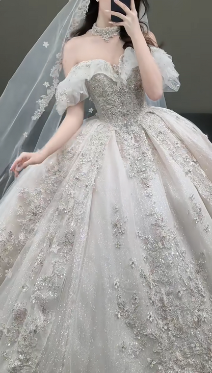 Timeless Off-the-shoulder Ball Gown Glitter Tulle Long Wedding Dresses, White Bridal Gowns, Appliqu¨¦ Bridal Dresses