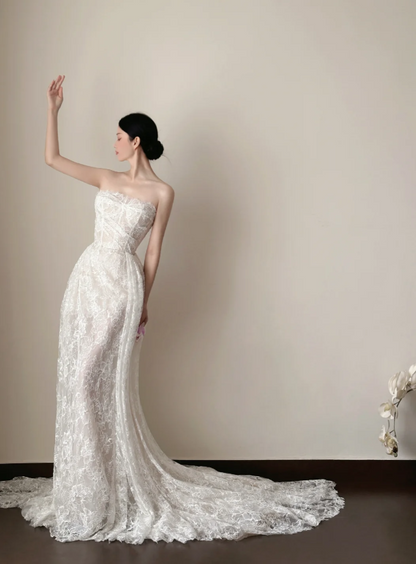 Timeless Sheath Long Wedding Dresses Lace Appliques White Bridal Gowns Strapless Bridal Dresses