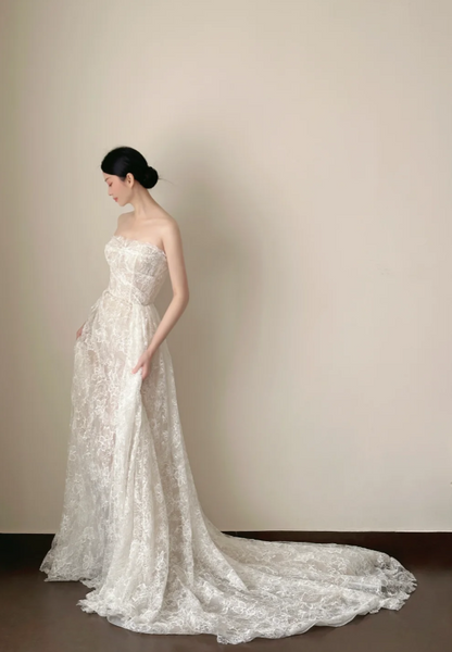 Timeless Sheath Long Wedding Dresses Lace Appliques White Bridal Gowns Strapless Bridal Dresses