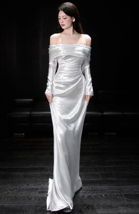 Timeless Sheath Long Wedding Dresses Off-shoulder White Bridal Gowns Satin Long Sleeves Bridal Dresses
