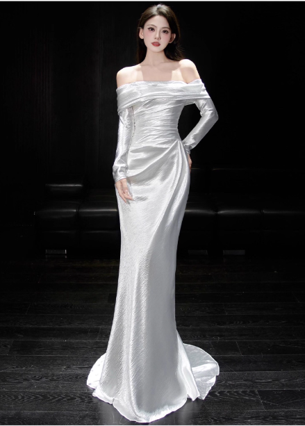 Timeless Sheath Long Wedding Dresses Off-shoulder White Bridal Gowns Satin Long Sleeves Bridal Dresses