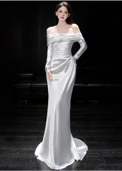 Timeless Sheath Long Wedding Dresses Off-shoulder White Bridal Gowns Satin Long Sleeves Bridal Dresses