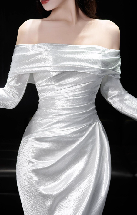 Timeless Sheath Long Wedding Dresses Off-shoulder White Bridal Gowns Satin Long Sleeves Bridal Dresses