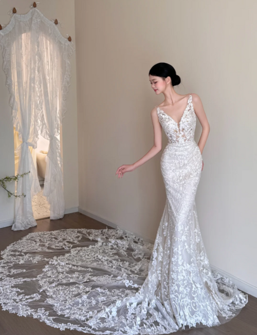 Timeless V-Neck Mermaid Long Wedding Dresses Tulle Appliques White Bridal Gowns Sleeveless Bridal Dresses