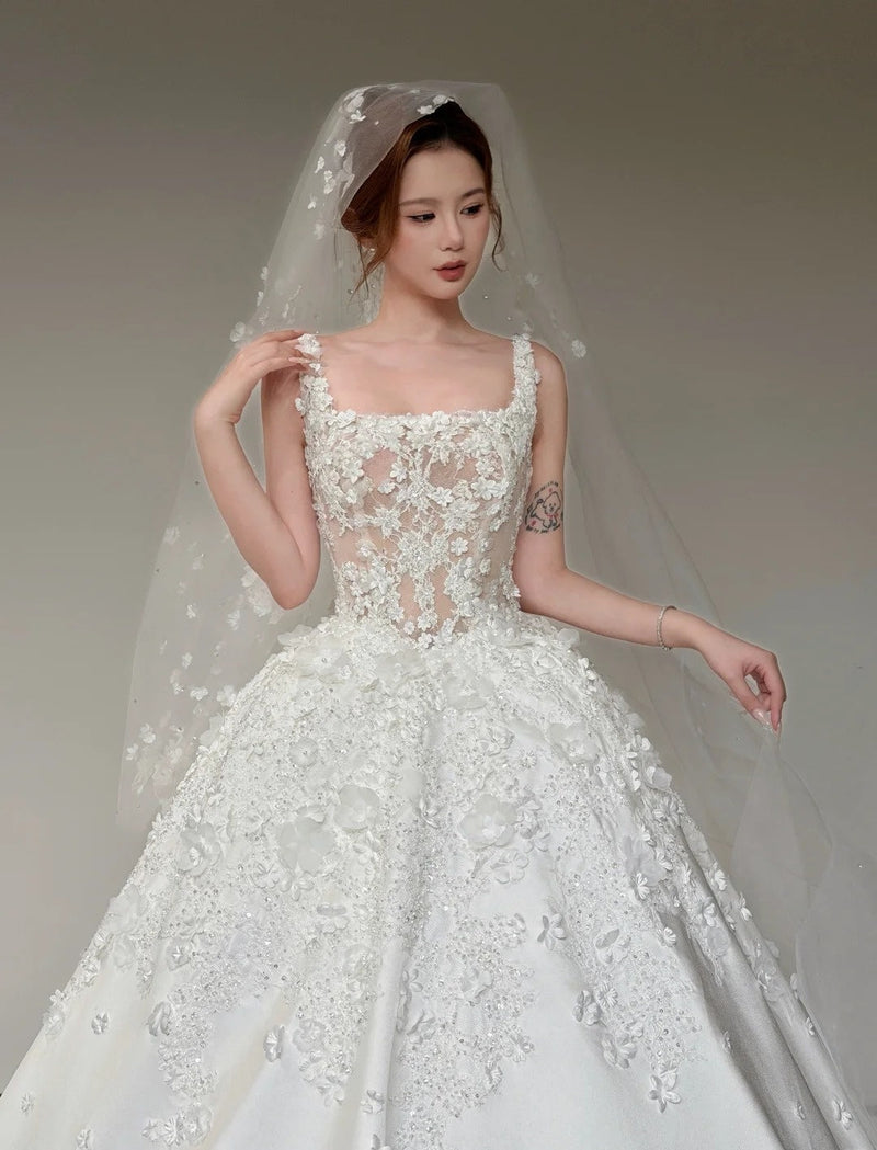 Timeless White Satin Appliqué A-Line Wedding Dress | Sleeveless Bridal Gown