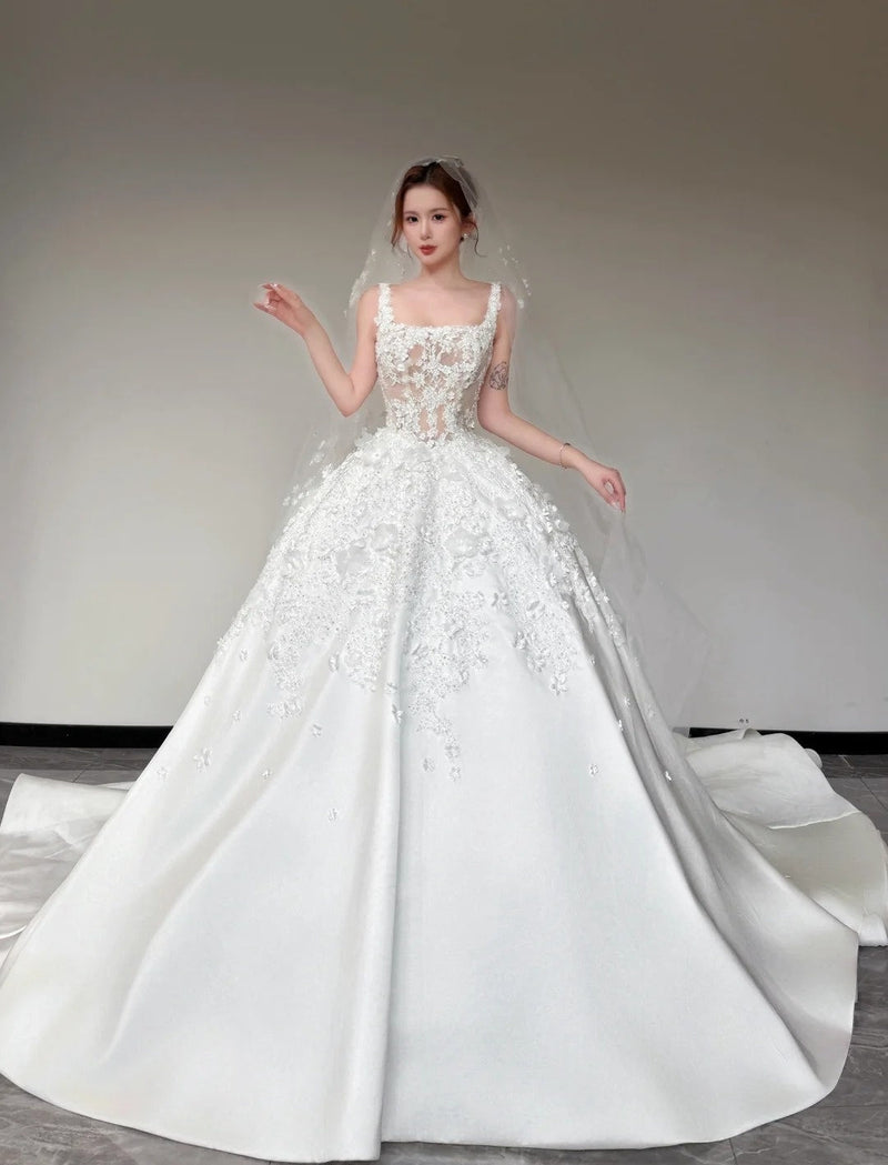 Timeless White Satin Appliqué A-Line Wedding Dress | Sleeveless Bridal Gown