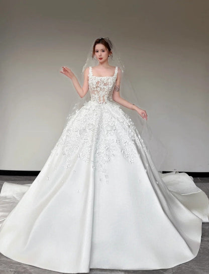 Timeless White Satin Appliqué A-Line Wedding Dress | Sleeveless Bridal Gown