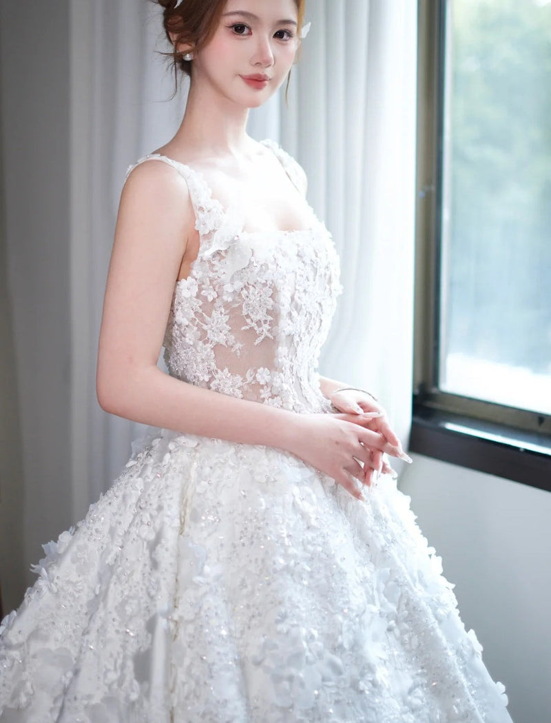 Timeless White Satin Appliqué A-Line Wedding Dress | Sleeveless Bridal Gown