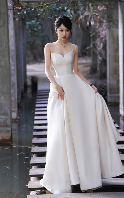 Timeless White Satin Spaghetti Strap A-Line Wedding Dress | Sleeveless Bridal Gown