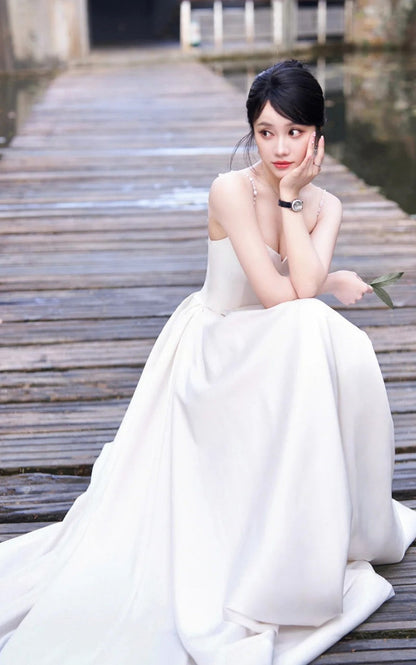 Timeless White Satin Spaghetti Strap A-Line Wedding Dress | Sleeveless Bridal Gown