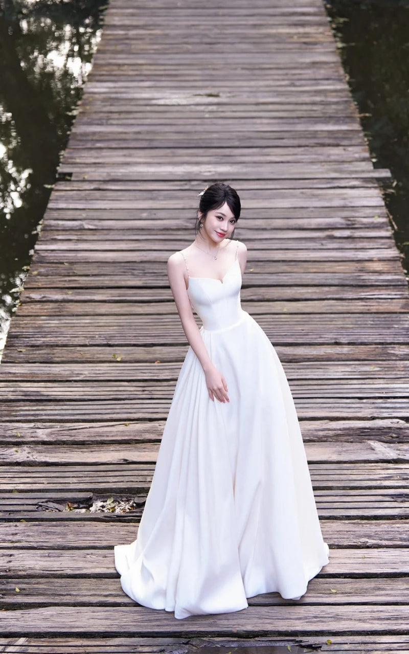 Timeless White Satin Spaghetti Strap A-Line Wedding Dress | Sleeveless Bridal Gown
