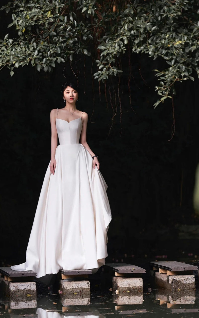 Timeless White Satin Spaghetti Strap A-Line Wedding Dress | Sleeveless Bridal Gown