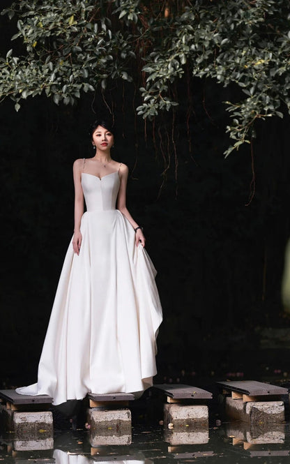 Timeless White Satin Spaghetti Strap A-Line Wedding Dress | Sleeveless Bridal Gown