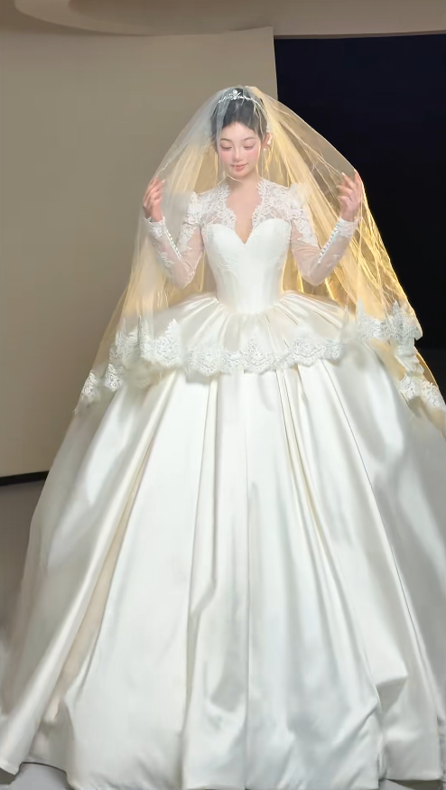 Timeless White Satin V-Neck A-Line Wedding Dress | Long Sleeve Bridal Gown