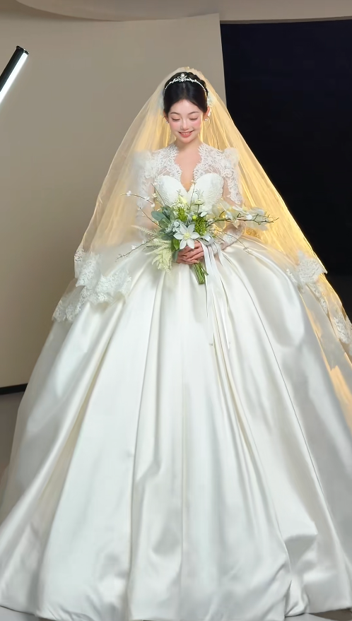 Timeless White Satin V-Neck A-Line Wedding Dress | Long Sleeve Bridal Gown