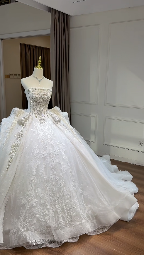 Timeless White Strapless Beaded Tulle A-Line Wedding Dress | Sleeveless Bridal Gown