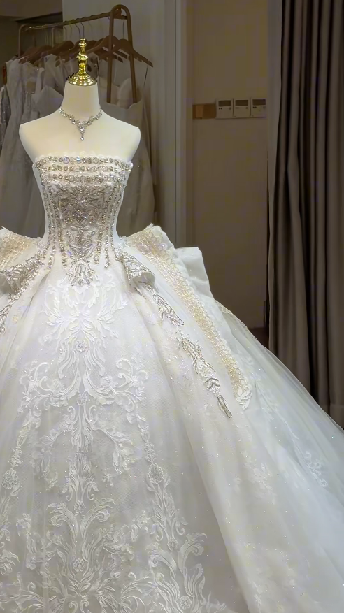 Timeless White Strapless Beaded Tulle A-Line Wedding Dress | Sleeveless Bridal Gown