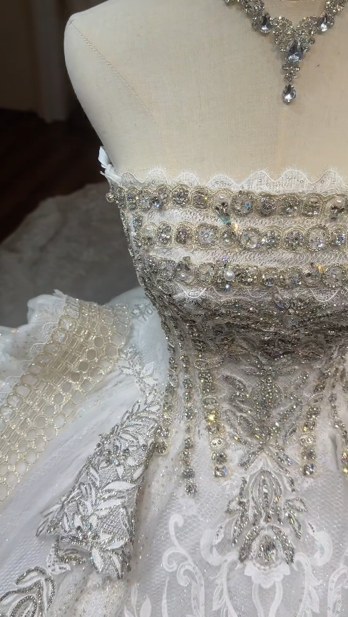 Timeless White Strapless Beaded Tulle A-Line Wedding Dress | Sleeveless Bridal Gown