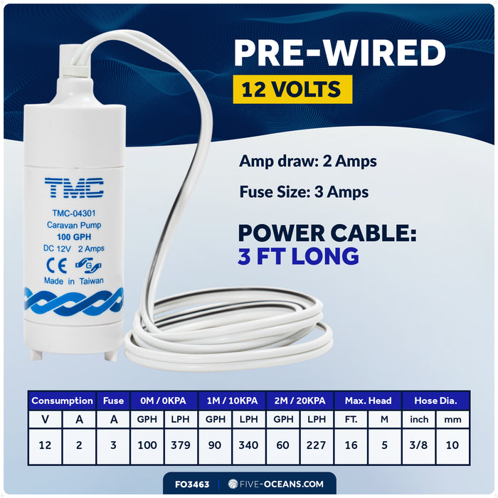 TMC 100 GPH (378 LPH) Submersible Electric Galley Water Pump, 12V