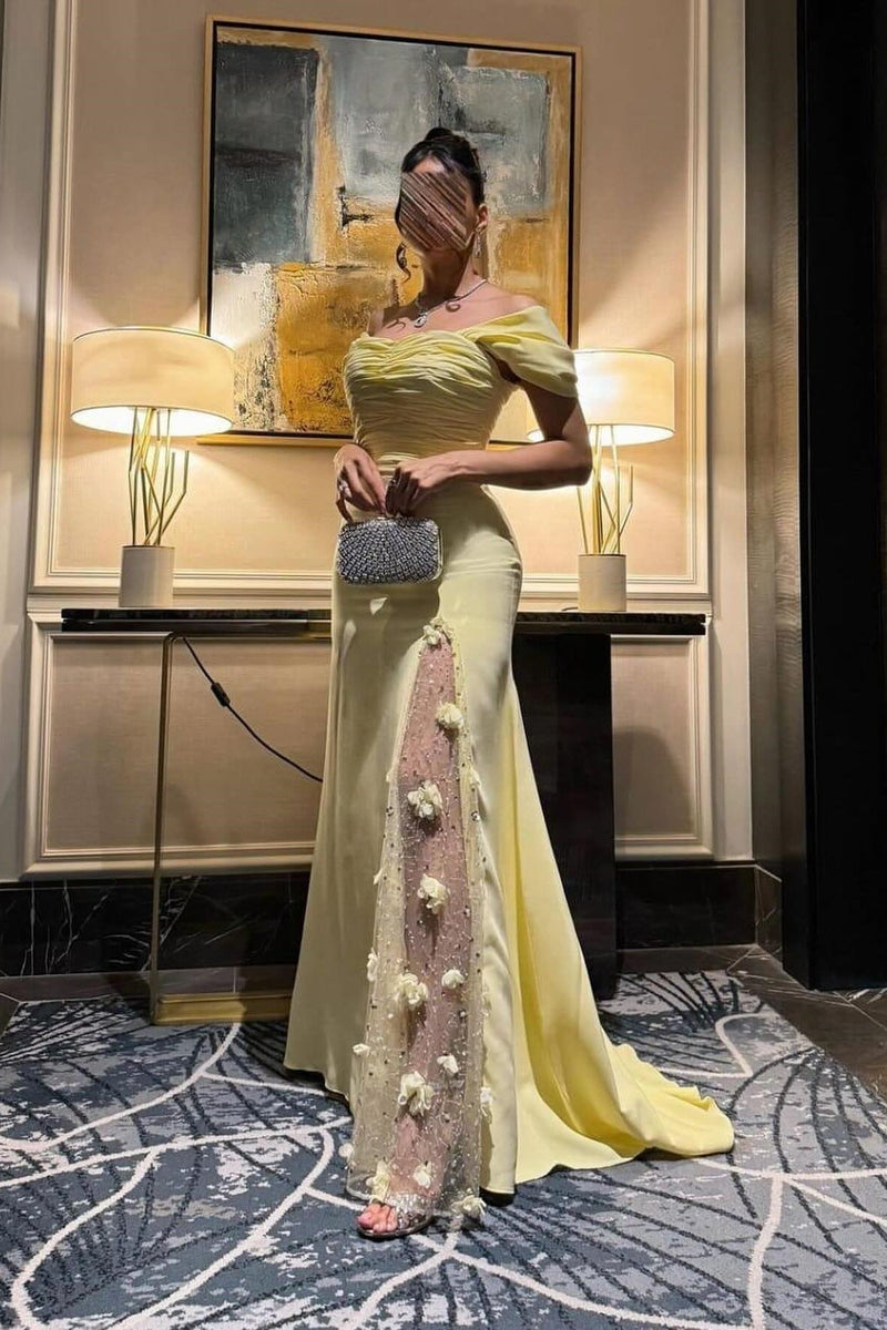 Trendy Mermaid Off the Shoulder Yellow Long Party Dress with Lace Split Front